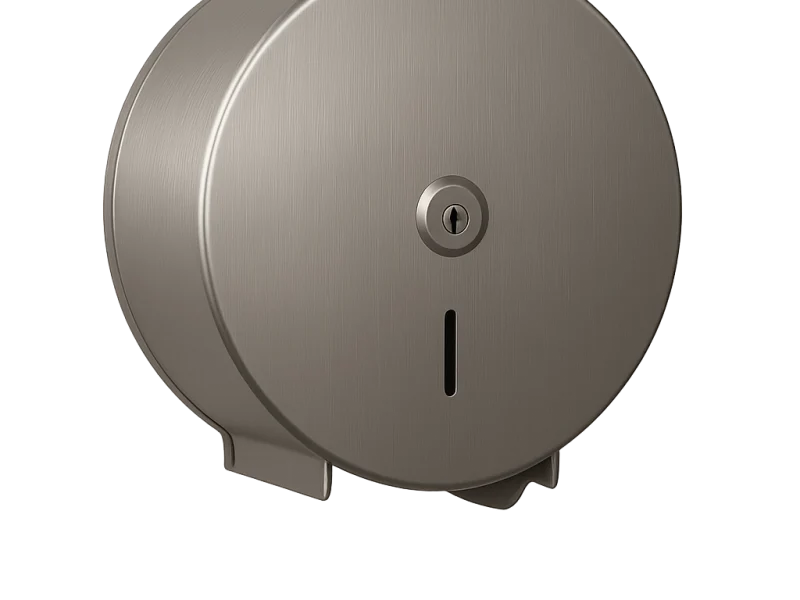 Brushed chrome jumbo toilet roll dispenser with sleek circular design and lockable front cover for Warwick commercial washrooms
